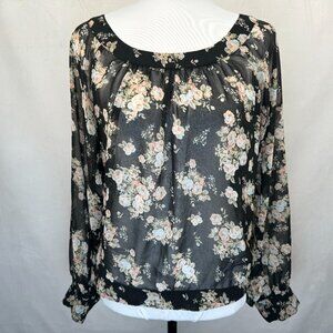 SEDUCTIONS Sheer Top Sz M Black and Floral Print Open Back Cuffed Long Sleeve